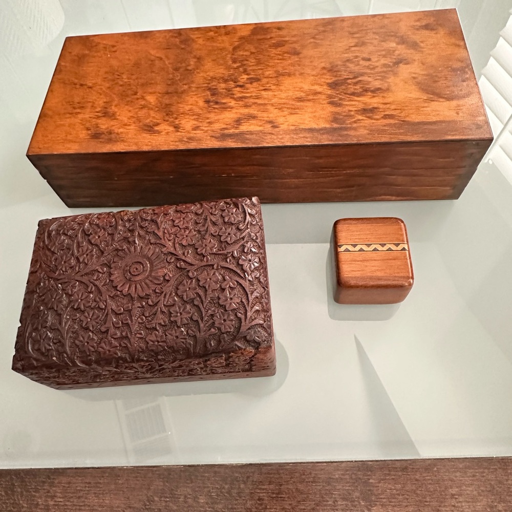Two wooden boxes and wood stamp holder